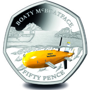 Yellow coloured Boaty McBoatface automonous underwater vehicle in water with penguins