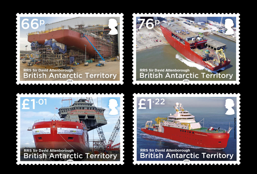 4 stamps showing various construction stages of the build of the new polar ship