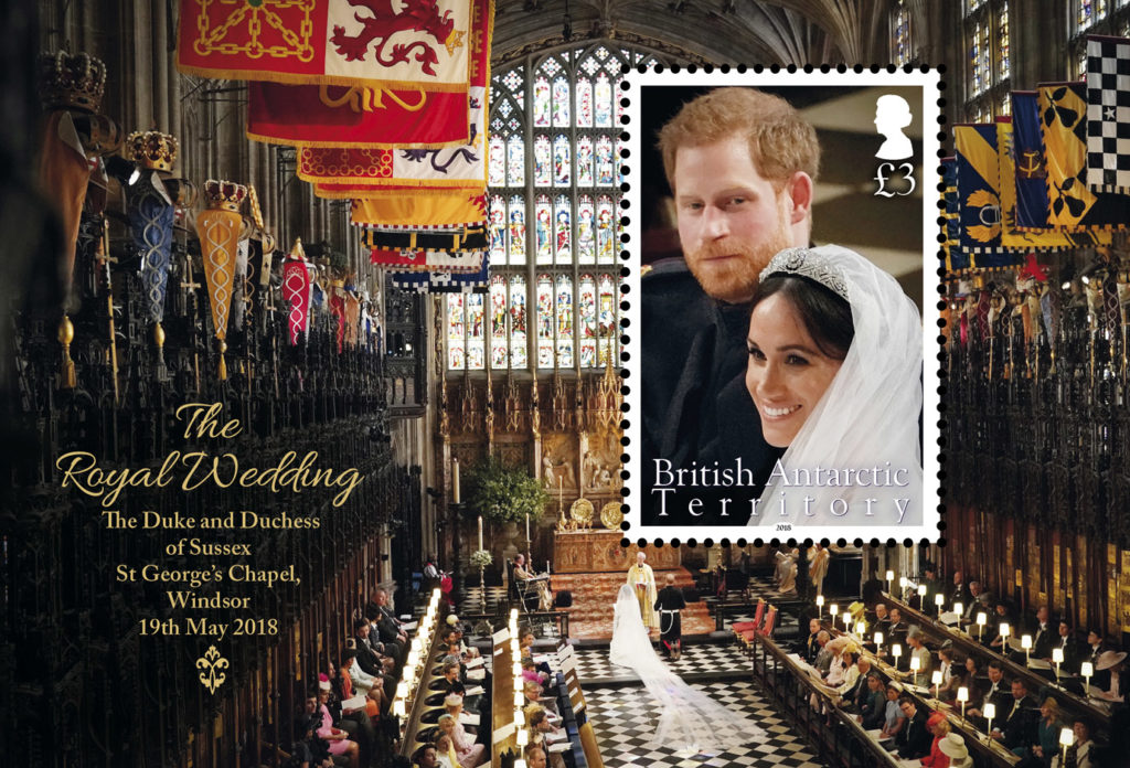 Image of the inside of St Georges Chapel with close up inset stamp of Duke and Duchess of Sussex