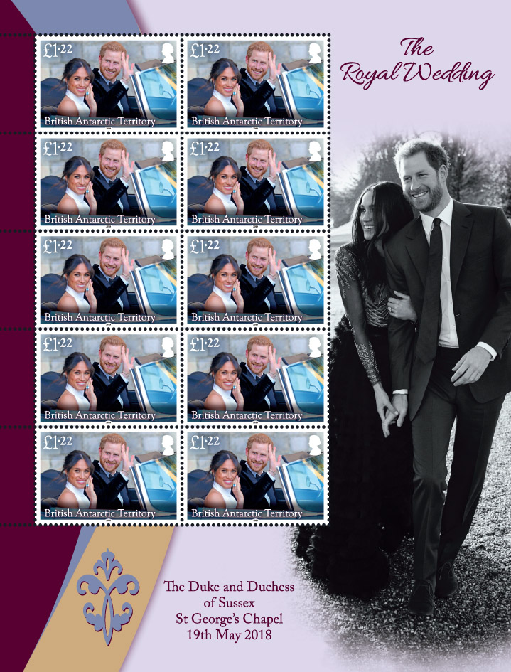 Sheet of stamps showing Duke and Duchess of Sussex in wedding car