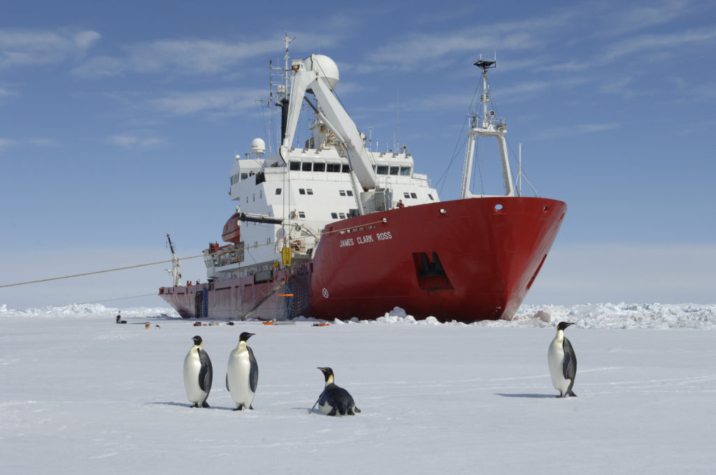 Royal Research Ship James Clark Ross moored next to icy ground with four Emperor Penguins in the foreground