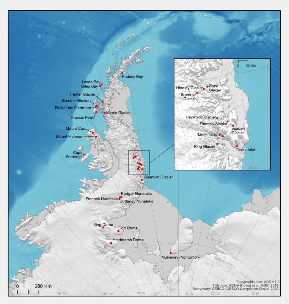 Map of new place-names announced by APC to mark 200th anniversary of the discovery of Antarctica.