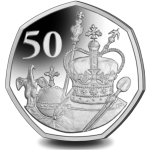 50-pence coin featuring the Crown Jewels, commemorating Her Majesty the Queen's 95th Birthday.