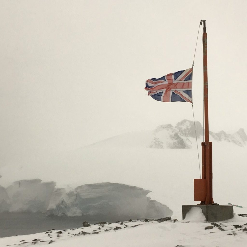 Union Flag flying at half-mast at Rothera Research Station, Antarctica